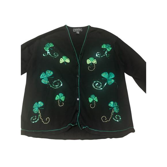 Vintage Cardigan Shamrock Sequin Embellished – Size 2X lucky clovers st patricks - Picture 2 of 4